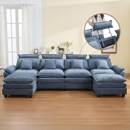 134'' Cloud Modern 4 Seater Couch with Detachable Headrest, Modular Sectional Sofa with 2 Ottoman, Oversized U Shape Chenille Comfy Sofa with Armrests for Living Room, Blue - color: Blue, size: U Shaped Couch