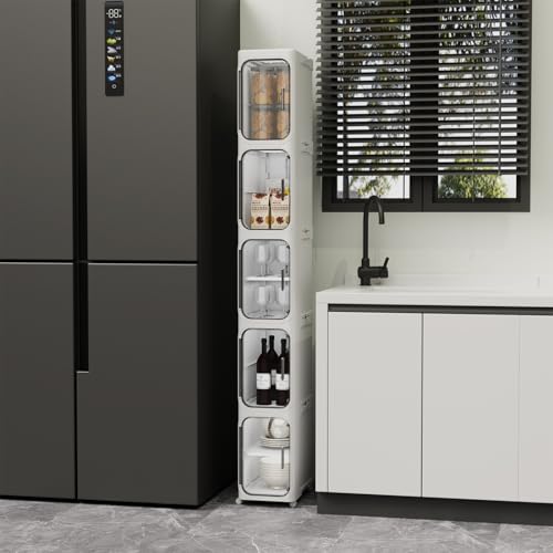 Slim Bathroom Storage Cabinet with Magnetic Clear Doors, Foldable Narrow Storage Organizer with Wheels, No-Tool Assembly Plastic Skinny Cabinet for Small Spaces, Kitchen, Laundry - color: White, size: 5-Tiers