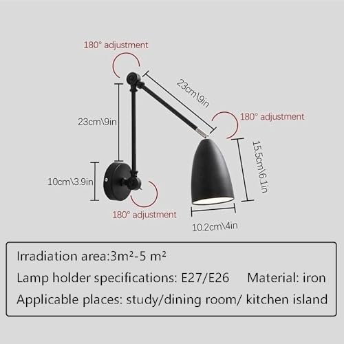 Modern Swing Arm Wall Sconce Adjustable Black Industrial Lamp Triple 180 Degree Rotating Joints Bedside Reading Light E26 Base Wrought Iron Finish for Study Bedroom Kitchen Island