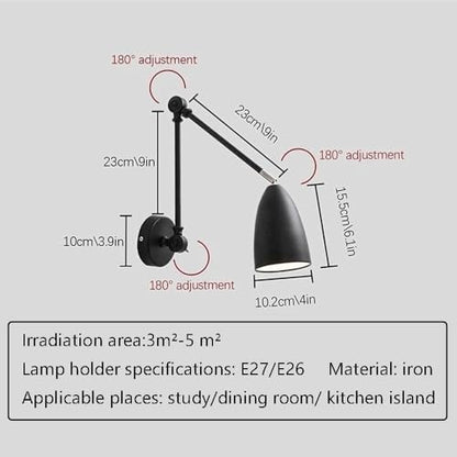 Modern Swing Arm Wall Sconce Adjustable Black Industrial Lamp Triple 180 Degree Rotating Joints Bedside Reading Light E26 Base Wrought Iron Finish for Study Bedroom Kitchen Island