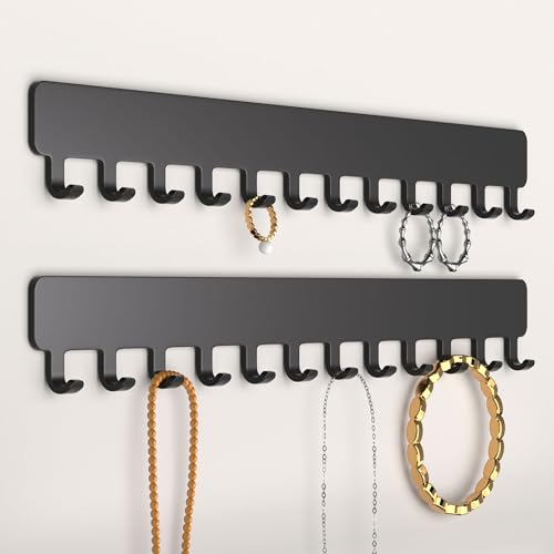 Self-Adhesive Necklace Holder, Wall Mounted Jewelry Organizer for Necklaces, Earrings, Rings & Bracelets, No Drilling, Space-Saving, 2 Pack, Black - color: Black, size: 9.84 inch