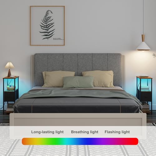 TUTOTAK Small Narrow LED End Table with Charging Station, Set of 2 | Side Table with Outlets, Nightstand with Cloth Drawer, Couch Table for Living Room, Bedroom, Brown and Black TB01BB059K - color: Brown and Black, style: 1 Drawer with Plug & Light