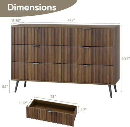 Smart FENDEE Fluted 6 Drawers Dressers, 47.24" W Chest of Drawers, Mid- Century Modern Wooden Dresser TV Stand Drawer Storage Organizer for Bedroom, Living Room, Hallway, Entryway, Walnut