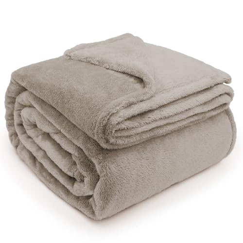 DEZ FURNISHINGS Ultra Soft Plush Fleece Throw Blanket, Double Sided Cozy Thick Warm Blanket for Sofa & Bed, Queen (90" x 92"), Taupe - color: Taupe, size: Queen (90" x 92")
