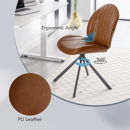 PU Leather Swivel Office Chair No Wheels, Small Comfy Mid Century Armless Desk Chair, Cute Swivel Vanity Chairs No Wheels for Small Spaces, Bedroom,Living Room,Home Office, Brown - color: Brown-pu