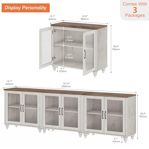 WAMPAT Farmhouse TV Stand for 100 Inch TV, Glass Wooden Universal TV Stand with 3 Storage Cabinets, Entertainment Center for 75/80/85/90 Inch TV, Console Table for Living Room, Bedroom, Rustic White - color: Rustic White-a, size: 3
