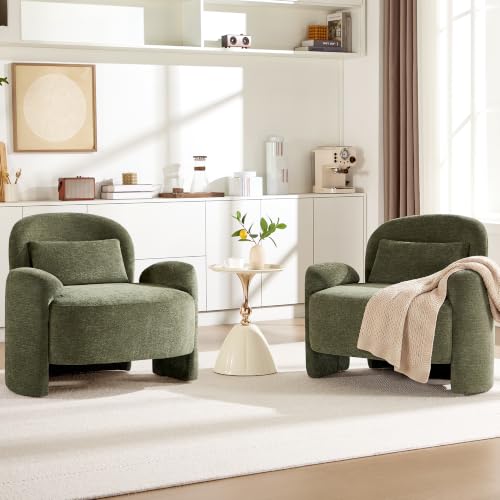 Accent Chair for Living Room, Modern Chenille Fabric Lounge Reading Sofa Chair with Lumbar Pillow, Upholstered Arm Chairs for Bedroom, Office, Green - color: Green