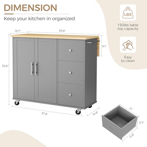 JY QAQA 40" Kitchen Island Cart Furniture cart on Wheels Rolling Portable Dining Room Serving Utility Carts Mobile Movable with Drawers Cabinet,Grey - color: Grey, size: 40-IN