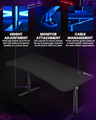 Arozzi Arena Ultrawide Curved Gaming Desk Pure Black | Full Surface Water-Resistant Desk Mat, Monitor Mount Cut-Outs, Cable Management Netting - color: Pure Black, size: Large