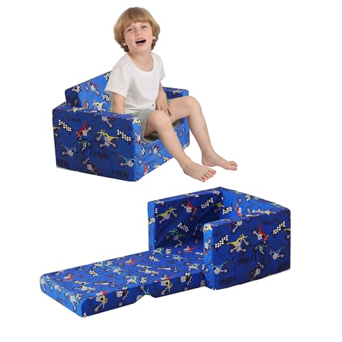 lasoftan Toddler Couch, 2-in-1 Soft Kids Couch Bed Fold Out, Toddler Chairs Comfy for Boys & Girls, Convertible Kids Sofa to Lounge for Playroom, Gift for Birthday, Children's Day - Blue Motorcycle - color: Blue Motorcycle
