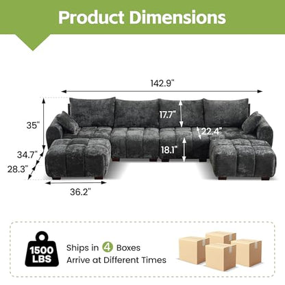 143" Oversized U Shaped Cloud Modular Sectional Sofa, Modern Chenille Upholstered 6 Seater Couch with 2 Removable Ottomans, Tufted Deep Seat & Wood Legs, Large Grey Sectional Couches for Living Room - color: Grey, size: U-Shaped Couch