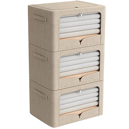 FHSQX 3 Pack Clothes Storage Bins Foldable Metal Frame Storage Box Extra Large Stackable Linen Fabric Organizer Set with Carrying Handles and Clear Window (Beige, 23.6x16.5x15.7inch(100L)) - color: Beige, size: 23.6x16.5x15.7inch(100L)