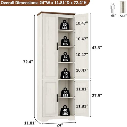 Function Home 182.9cm(72인치) 주방 식료품 저장실 캐비닛, 문과 조절 가능한 선반이 있는 톨 우드 팜하우스 보관 캐비닛, 주방 다이닝 거실 욕실용 6단 독립형 찬장, 앤티크 화이트 - color: 앤티크 화이트, size: 24"Wx11.81"Dx72"H