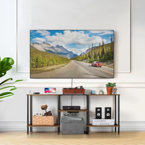 OYEAL Small TV Stand for Bedroom up to 50 inch Farmhouse TV Media Entertainment Center with Power Outlets & Storage Shelf Rustic TV Console Table for Living Room, Rustic Brown - color: Rustic Brown