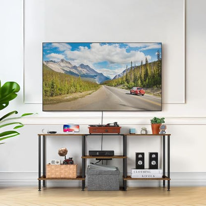 OYEAL Small TV Stand for Bedroom up to 50 inch Farmhouse TV Media Entertainment Center with Power Outlets & Storage Shelf Rustic TV Console Table for Living Room, Rustic Brown - color: Rustic Brown