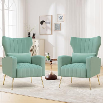 Accent Chairs Set of 2,Upholstered Living Room Chairs,High Back Arm Chairs with Metal Legs Lumbar Reading Chairs for Living Room,Bedroom, Apartment Lake Green - color: Lake Green, size: Set of 2