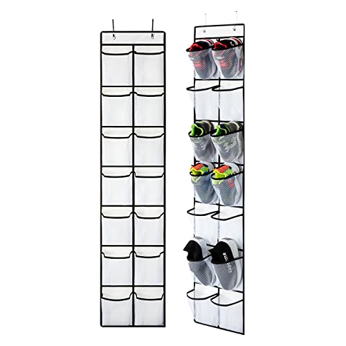 KEEPJOY 2 Pack White 14 Pockets Over the Door Shoe Organizer, Hanging Shoe Organizer with 4 Hooks, Shoe Holder with 14 Mesh Pockets Closet Door Shoe Storage Bag (White-2Pack) - color: White-2 Pack of 14