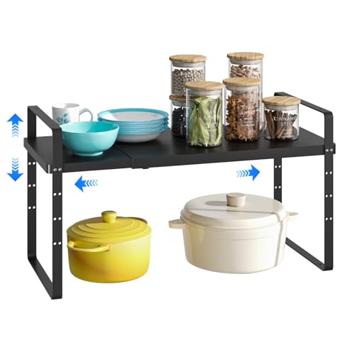 Expandable Cabinet Shelf Organizer, Stackable Kitchen Pantry Counter Storage, Adjustable Closet Cupboard Stand Rack Risers Spice Organization 80LBS Heavy Duty Black Large 1 Pack - color: Black Large