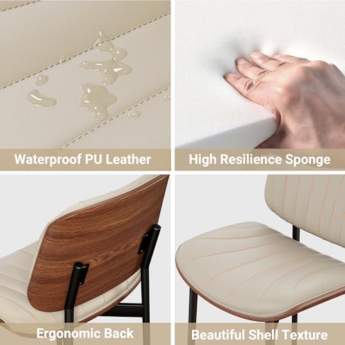 Dining Chairs Set of 2, Mid-Century Modern Upholstered PU Leather Chairs | with Walnut Bentwood Back and Metal Legs Adjustable Feet for Kitchen Dining Room, Greige Shell Strips - color: Greige Shell Strips