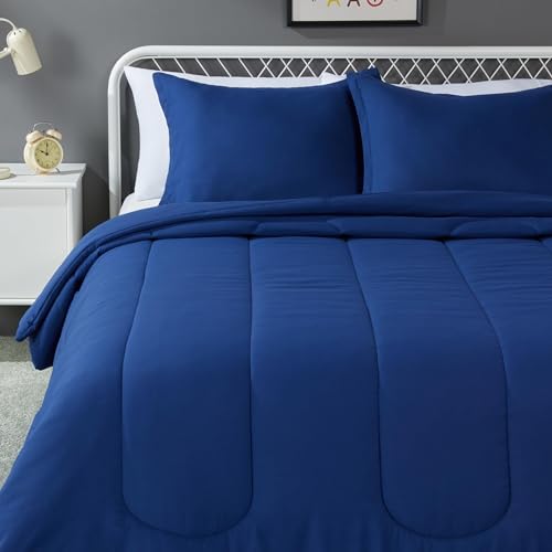 Amazon Basics 3-Piece Soft Microfiber Kid's Comforter and Pillow Sham Set, Full/Queen, Navy, Solid - color: Navy, size: Full/Queen