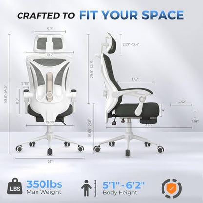 CYKOV Ergonomic Office Chair with Footrest - Adjustable Lumbar Support & Headrest, 90-135° Reclining Mesh Back Computer Chair - Home Office/Gaming, 350lbs Capacity | 4-Way Headrest (4.72" + 60°), 2-Way Lumbar (2" + 1.18"), 90-135° Recline, Breathable Mesh