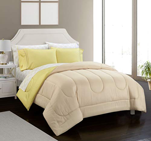 Idea Nuova Casa 7-Piece Solid Reversible Comforter Set with Bonus Sheets, Yellow, Queen, 86"x86" - color: Yellow, size: Queen