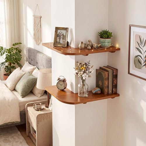 Pinkunn 2 Set Wood Floating Corner Shelves L-Shaped Wrap Around Wall Mounted Display Racks, Large Rustic Storage Bookshelf for Living Room, Bedroom & Kitchen, Easy Assembly