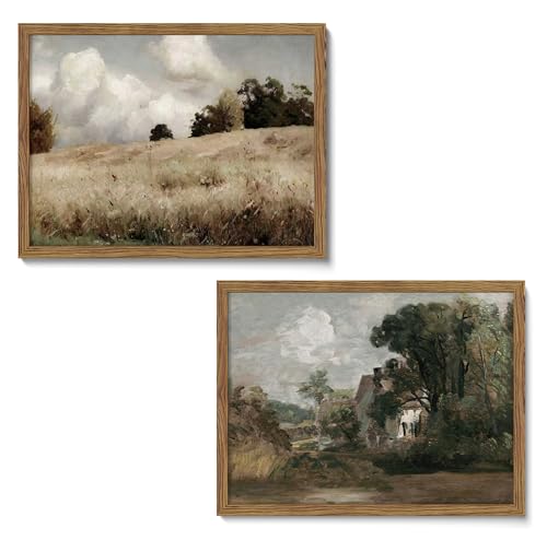 Framed Vintage Landscape Wall Art Set of 2, Rustic Farmhouse Field Canvas Wall Decor Paintings, Retro Nature Country Artwork Prints Pictures for Living Room Bedroom Home Decor 16x24 Inch - color: Vintage Landscape, size: 24"L x 16"W