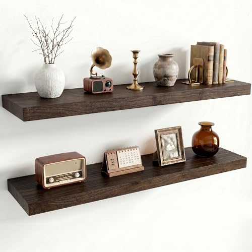 Dreamland Rustic Elm Woood Floating Shelves for Wall Decor, 32" W x 8" D x 1.5" H Floating Shelves Set of 2, Wall Mounted Deep Wooden Shelf for Living Room, Bedroom, Kitchen, Bathroom, Walnut - color: Walnut, size: Flat Edge - 32"L