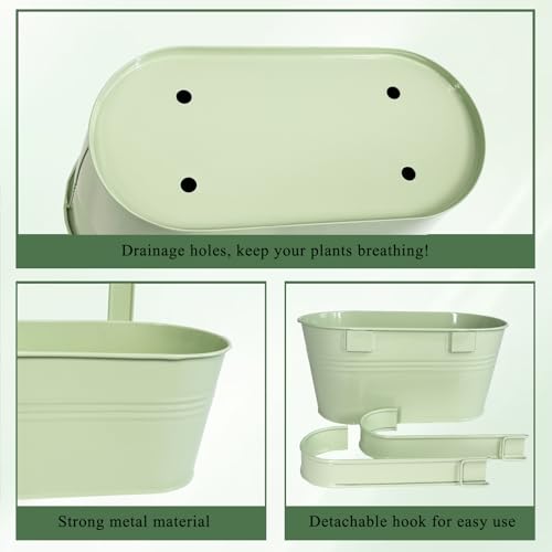 2 Pack 10" Balcony Hanging Metal Fence Planters Flower Pots, Mint Green | Removable hook, Drainage hole, Rustproof, For flowers / herbs / succulents, veggies, For railings / fences / balconies - color: Mint Green