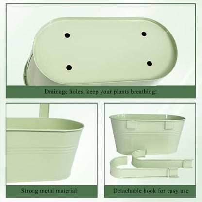 2 Pack 10" Balcony Hanging Metal Fence Planters Flower Pots, Mint Green | Removable hook, Drainage hole, Rustproof, For flowers / herbs / succulents, veggies, For railings / fences / balconies - color: Mint Green