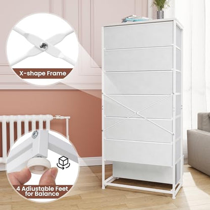 Fabric Dresser for Bedroom, Wide 7-Drawer Tall Vertical Tower (White) | Wooden Top, Steel Frame, Easy Pull Bin,Organizer Unit for Living Room, Hallway, Entryway, Nursery, Closets - color: White, style: Wide-7 Drawers