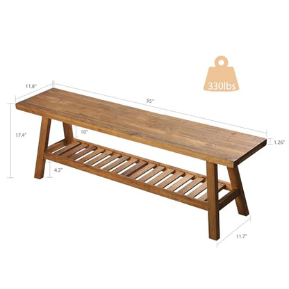 Reclaimed Solid Wood Bench-55 Entryway Bench with Storage Shelf | Farmhouse Narrow Rustic Bench, Hallway, Kitchen, Bedroom, Dining, Indoor - size: 55"