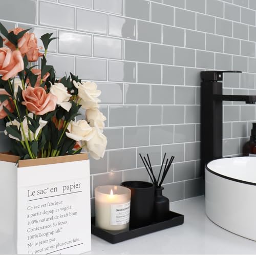 STICKGOO Subway Tile Peel and Stick Backsplash, Thicker Design 12" x 12" Stick on Backsplash Tiles for Kitchen, Bathroom, Wall Tile (10 Sheets, Light Grey) - color: Light Grey With White Grout
