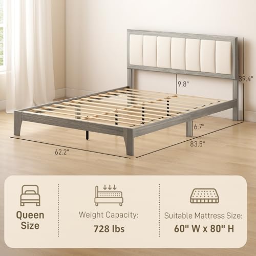 HOMCOM Queen Size Bed Frame, Upholstered Headboard, Wooden Slats, Gray | Platform Bed Frame, No Box Spring Needed, Easy Assembly - size: Queen
