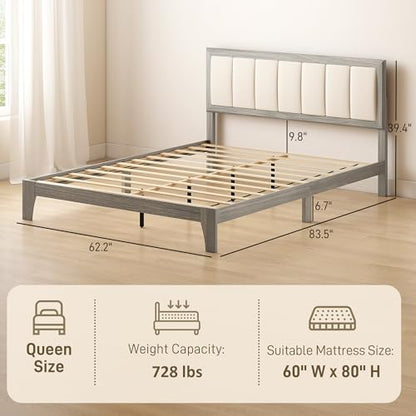 HOMCOM Queen Size Bed Frame, Upholstered Headboard, Wooden Slats, Gray | Platform Bed Frame, No Box Spring Needed, Easy Assembly - size: Queen