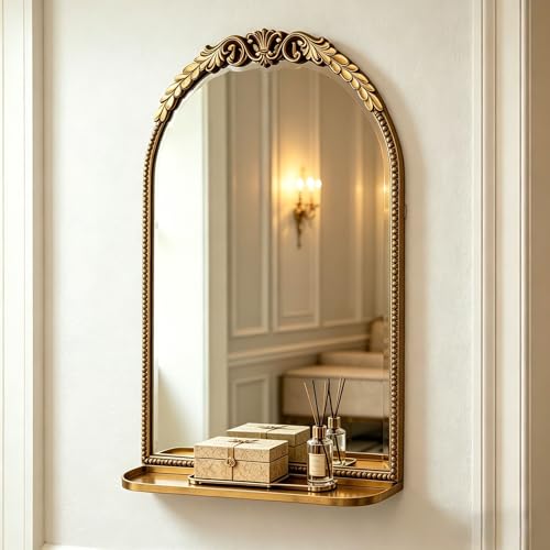 SHYFOY Vintage Wall Mirror, 30x20 Antique Gold Decorative Mirror | Metal Arched, With Shelf Storage, For Living Room, Entryway, Bathroom, Vanity Tray Mirror