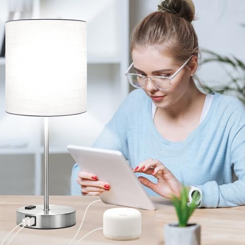 Lynnoland Set of 2 Touch White Table Lamps with 2 USB Ports & AC Outlet, 3-Way Dimmable Bedside Nightstand Lamps for Bedroom Living Room Nursery, 800 Lumens 5000K Daylight Bulbs Included - color: (2 Pack)White & Brushed Nickel(Base)-5000K Bulbs Included