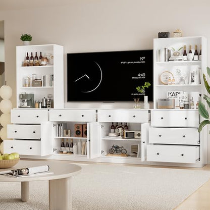 TUSY 71" Large TV Stand Set - TV Entertainment Center for TVs up to 65", Media Center with Tempered Glass Doors and Drawer, TV Hutch with Bookshelves for Living Room (White, BEEB) - color: White