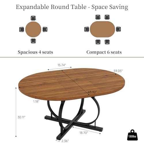 HIPIHOM Extendable Round Oval Dining Table Walnut Seats 4-6 People | 43.3"-59" MDF Table with Hidden Sliding Rails, Space-Saving X-Shaped Metal Frame Perfect for Dining, Apartment, Small Spaces - color: Walunt Table, size: Round Table Only