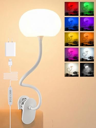 Clip on Lamp, 10 RGB Colors+10 Brightness Clip on Desk Lamp for Dorm Lamp | 800 lm Bright Clip on Light, USB Adapter Clamp Light, Reading Light for Bed/Headboard/Bedside Table/Bedroom/Kids Room/College