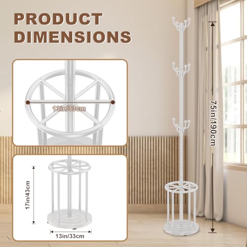 Coat Rack Freestanding, Coat Rack Stand with Umbrella Holder, Coat Tree, Coat Hanger Stand with 12 Hooks for Clothes Bag Hats, Used in Bedroom, Office, Living Room and Entryway-White - color: White