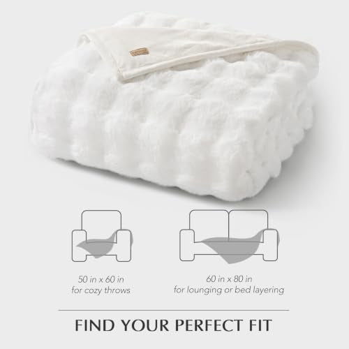 Faux Rabbit Fur Bubble Throw Blanket, 50"x60", Bright White | Ultra Soft, Luxury Faux Rabbit Fur Throw, Thick Warm Bubble Blanket, Cozy Fluffy Reversible, for Bed, Couch, Chair, Sofa - color: Bright White, size: 50"x60"