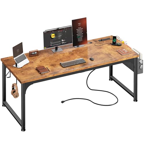 DurayLoly 63 x 24 inch Large Computer Desk, 24mm Thick Desktop with Power Outlets, RGB LED, Office Desk with Detachable Stand, 150LBS Heavy Duty, Spacious Desk for Multi-Tasking Workers, Brown - color: Brown, size: 63 Inch