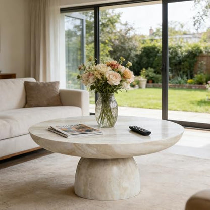 31.5" Round Marble Coffee Table with Pedestal (31.5“×13.78”) | Faux Marble Center Table Concrete Coffee Table Travertine Accent Table Living Room Furniture - color: Mars,ø31.5" X 13.8",pedestal