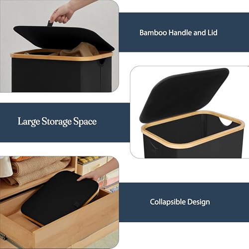 TFLC 100L Large Laundry Hamper with Lid Dirty Clothes Hamper, Black | Narrow Foldable Slim Laundry Basket with Bamboo Handles, Tall Skinny Hamper for Dorm, Bathroom & Bedroom - color: Solid Black