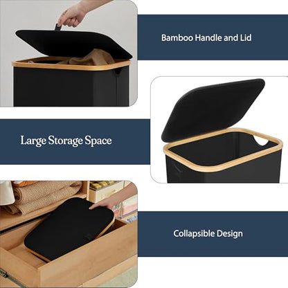 TFLC 100L Large Laundry Hamper with Lid Dirty Clothes Hamper, Black | Narrow Foldable Slim Laundry Basket with Bamboo Handles, Tall Skinny Hamper for Dorm, Bathroom & Bedroom - color: Solid Black