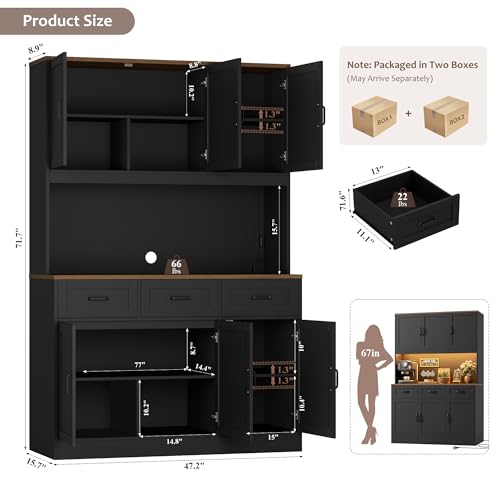 HOSTACK Kitchen Pantry Cabinet, Tall Kitchen Hutch Cabinet, Black/Brown | 47"W Food Pantry Cabinet with Smart LED / Charging Station / Countertop / 3 Large Drawers, 72"H Storage Hutch for Dining Room - color: Black/Rustic Brown