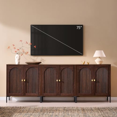 IFBUY 92.63" W Mid Century Modern TV Stands for Living Room, Brown | Wood Entertainment Center w/Adjustable Shelves, Media Console w/Arched Fluted Doors, Entryway Cabinet Fits 75, 80, 85 Inch TV - color: Brown, size: 15.75"D x 92.63"W x 34"H
