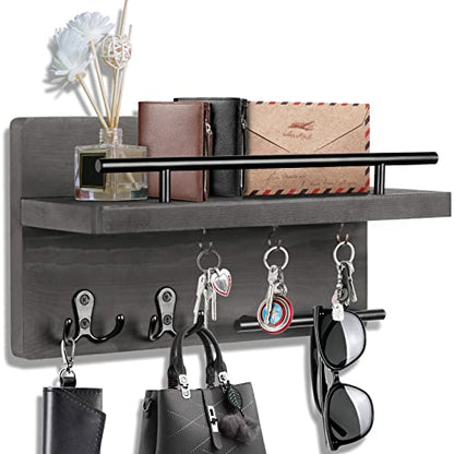 Wooden Key Holder Wall Mount With 5 Hooks For Entryway, Mudroom, Hallway | 2-Tier Design, Supports Up To 20 Lbs, Key Holder with Sturdy Black Metal Rail for Mail Plant Wallet Coat, Homeowners Renters - color: Gray